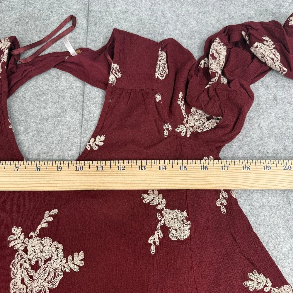 Free People Emma Austin Embroidered Tunic Swing Dress XS Maroon Floral Boho MIni
